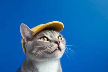 Wall Mural - colorpoint shorthair cat wearing a cool cap against a royal blue background