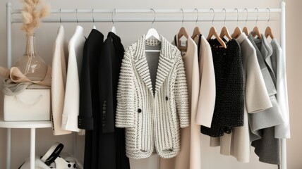 Wall Mural - A sophisticated display of a white-gray-black coat and sweater on hangers in a high-end fashion store. These classic pieces showcase timeless elegance in women's fashion.