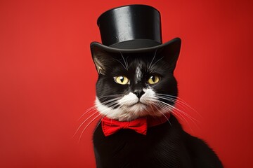 Wall Mural - cymric cat wearing a top hat against a red background