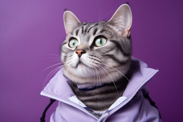 Wall Mural - american shorthair cat wearing a sailor suit against a vibrant purple background