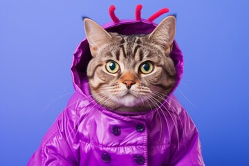 Wall Mural - manx cat wearing a lobster outfit against a vibrant purple background