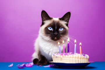 Canvas Print - balinese cat wearing a cool cap against a vibrant purple background