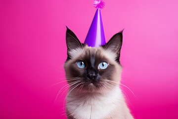 Wall Mural - balinese cat wearing a cool cap against a vibrant purple background