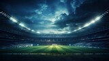 Fototapeta Sport - A football stadium lights up the night sky as the green pitch gleams under the floodlights, setting the stage for an exciting match.