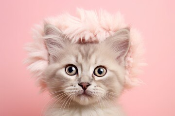 Wall Mural - colorpoint shorthair cat wearing a fluffy bunny ears headband against a pastel pink background