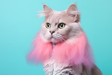 Wall Mural - laperm cat wearing a mermaid tail against a pastel pink background