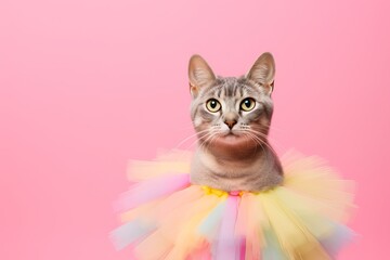 Wall Mural - egyptian mau cat wearing a rainbow tutu against a pastel pink background