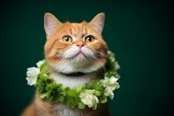 Wall Mural - munchkin cat wearing a flower lei against a green background