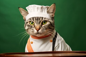 Wall Mural - egyptian mau cat wearing a sushi chef costume against a green background