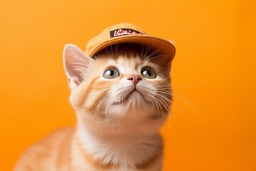 Canvas Print - munchkin cat wearing a cool cap against a bright orange background