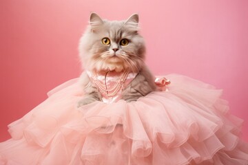 Wall Mural - selkirk rex cat wearing a princess dress against a peachy pink background