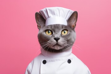 Wall Mural - korat cat wearing a sushi chef costume against a peachy pink background