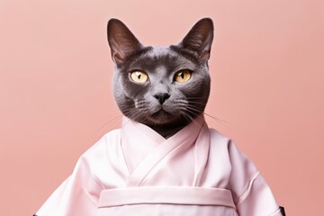 Wall Mural - korat cat wearing a sushi chef costume against a peachy pink background