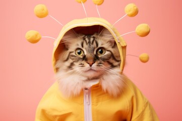 turkish angora cat wearing a bee costume against a peachy pink background