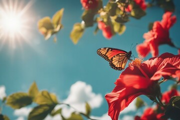 Wall Mural - A beautiful butterfly on the red flower. Picturesque bright sunny summer scene in nature