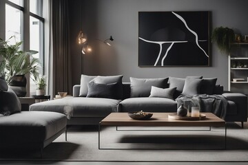 Sticker - Stylish modern living room with a large gray sofa and wooden table in a minimalist style