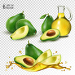 Vector glass jug with avocado oil, whole fruits and pieces. Realistic transparent splash of oil and fresh ripe fruits in it. Set of 3D illustrations of food isolated on a white background
