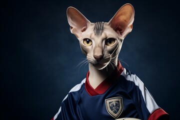 Wall Mural - peterbald cat wearing a football jersey against a navy blue background