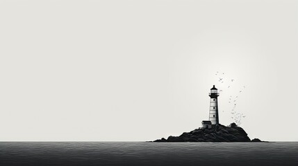 Poster -  a black and white photo of a lighthouse on a small island.  generative ai