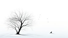  A Lone Tree In A Snowy Landscape With A Bird Flying By.  Generative Ai
