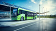 © Dirk - Stockphoto, copy space, modern public transport bus charging on an electric charging point, renewable energy theme. Clean green energy, zero waste.