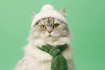 Wall Mural - siberian cat wearing a snowman outfit against a pastel green background