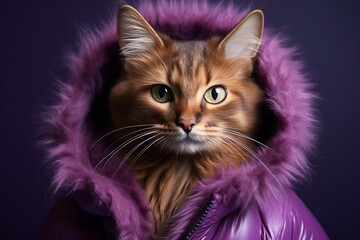 somali cat wearing a mouse costume against a deep purple background