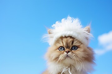 Wall Mural - persian cat wearing a rabbit ears headband against a sky-blue background