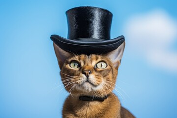 abyssinian cat wearing a top hat against a sky-blue background