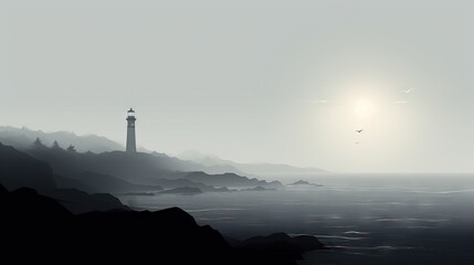 Poster -  a black and white photo of a lighthouse on a foggy day.  generative ai