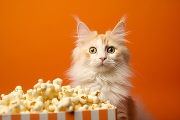 Wall Mural - turkish angora cat wearing a popcorn costume against a pastel orange background