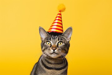 Wall Mural - serengeti cat wearing a jester hat against a yellow background