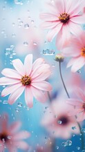 Delicate Pink Flowers With Water Droplets On Them Against Blue Background.