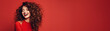 © AI_images - Smiling woman hairstyle wavy curls with red lips on red studio background