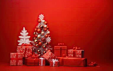 colorful ornaments gift boxes and fir branches on red background