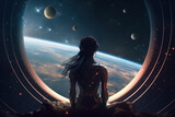 girl princess sits on the background of the window, space and stars. 