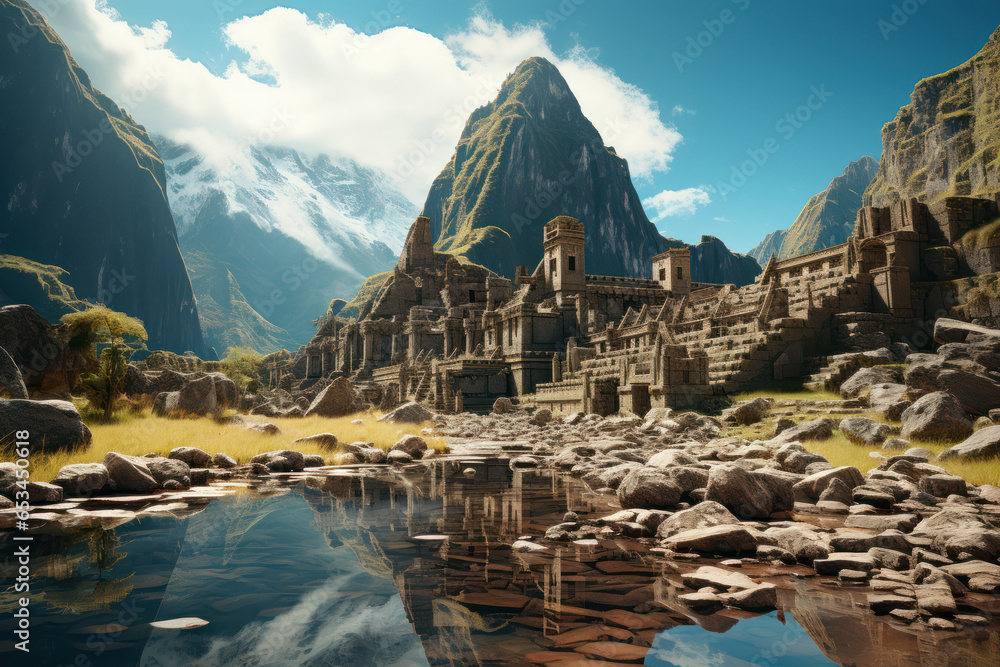 An ancient Inca temple perched high in the Andes, reflecting the ...