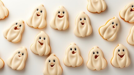 Wall Mural - A group of white frosted cookies with faces on them. Imaginary Halloween ghosts.
