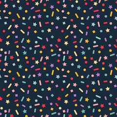 Poster - Abstract Seamless Pattern with Confetti and Stars. Fun Carnival Party Texture. Vector Background