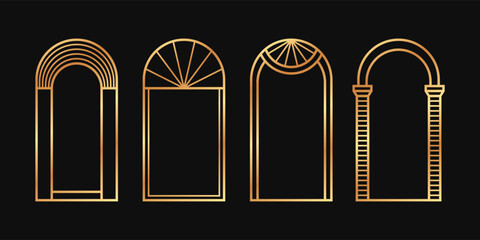 Linear decorative boho arch in gold color. Art Deco vector bohemian frames set on black background