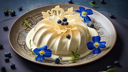 Sticker -  a white cake with blue flowers on a plate with blueberries.  generative ai