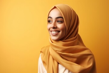 Wall Mural - Smiling happy arab asian muslim woman in yellow hijab clothes isolated on yellow background studio portrait. Uae people middle east islam religious concept. generative AI