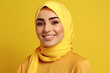 Wall Mural - Smiling happy arab asian muslim woman in yellow hijab clothes isolated on yellow background studio portrait. Uae people middle east islam religious concept. generative AI