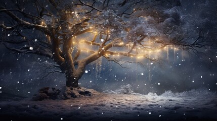 Sticker -  a snowy night with a tree and lights in the snow.  generative ai