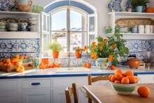 Maximalist Style Kitchen Decorated In Bright Colors, With Flowers And Mediterranean Design Elements