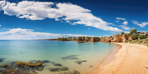 Poster - Breathtaking peninsula beach scene, with crystal clear turquoise waters lashing against the golden sandy shore. Generative AI