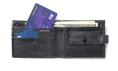 Sticker - Black leather wallet with money and credit cards on white background