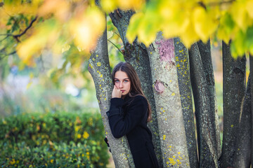 Wall Mural - A beautiful girl stands by a tree in an autumn park.