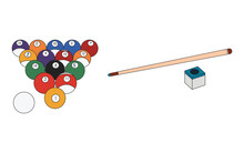Cartoon Vector Illustration Billiard Balls, Chalk And Billiard Cue Sport Icon Isolated On White Background