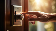 A Hand Presses The Doorbell. Creative Concept Of Express Delivery To The Door, Courier Service. 